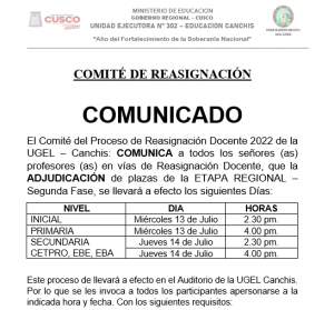 Read more about the article COMUNICADO  –  COMITÉ DE REASIGNACIÓN