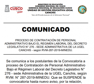 Read more about the article COMUNICADO – PROCESO DE CONTRATACIÓN DE PERSONAL ADMINISTRATIVO BAJO EL REGIMEN LABORAL DEL DECRETO LEGISLATIVO N° 276 – SEDE ADMINISTRATIVA DE LA UGEL CANCHIS – según RVM-287-2019-MINEDU.