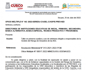 Read more about the article Taller en primeros auxilios y uso de extintores dirigido a responsables de la Gestión del Riesgo de Desastres de las IIEE.