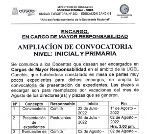 Read more about the article ENCARGO,<br>EN CARGO DE MAYOR RESPONSABILIDAD<br>AMPLIACÍON DE CONVOCATORIA<br>Nivel: INICIAL y PRIMARIA