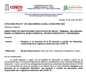 Read more about the article Designar a un personal de la IE docente o auxiliar de educación, responsable de la vigilancia sindrómica del COVID 19.