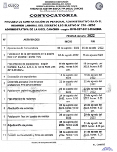 Read more about the article CONVOCATORIA – PROCESO DE CONTRATACION DE PERSONAL ADMINISTRATIVO BAJO EL  REGIMEN LABORAL DEL DECRETO LEGISLATIVO Nº 276.