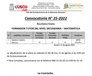 Read more about the article Convocatoria N° 25-2022 – Resultados finales