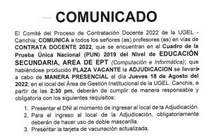 Read more about the article COMUNICADO – Proceso de Contratación Docente 2022 de la UGEL – Canchis