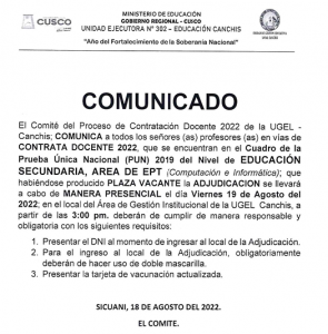 Read more about the article COMUNICADO – Proceso de Contratación Docente 2022 de la UGEL – Canchis