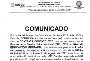 Read more about the article COMUNICADO – Proceso de Contratación Docente 2022 de la UGEL – Canchis