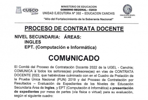 Read more about the article PROCESO DE CONTRATA DOCENTE – COMUNICADO