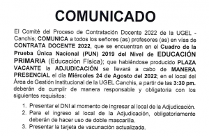 Read more about the article COMUNICADO – Proceso de Contratación Docente 2022 de la UGEL – Canchis