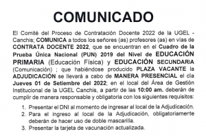 Read more about the article COMUNICADO – Proceso de Contratación Docente 2022 de la UGEL – Canchis