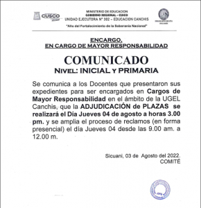 Read more about the article EN CARGO DE MAYOR RESPONSABILIDAD – COMUNICADO