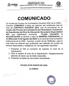 Read more about the article COMUNICADO – COMITE DE PROCESO DE CONTRATACION DOCENTE 2022 DE LA UGEL CANCHIS.