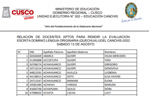 Read more about the article RELACION DE DOCENTES APTOS PARA RENDIR LA EVALUACION ESCRITA DOMINIO LENGUA ORIGINARIA (QUECHUA) UGEL CANCHIS-2022 SABADO 13 DE AGOSTO