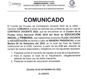 Read more about the article COMUNICADO – Proceso de Contratación Docente 2022 de la UGEL – Canchis