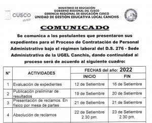 Read more about the article C O M U N I C A D O – Proceso de Contratación de Personal Administrativo bajo el régimen laboral del D.S. 276 – Sede Administrativa de la UGEL Canchis