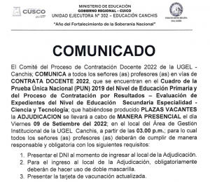 Read more about the article COMUNICADO – Proceso de Contratación Docente 2022 de la UGEL – Canchis