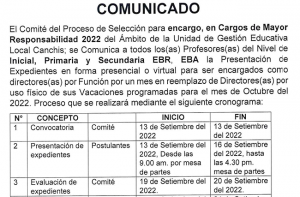 Read more about the article COMUNICADO – Proceso de Selección para encargo, en Cargos de Mayor Responsabilidad 2022 del Ámbito de la Unidad de Gestión Educativa Local Canchis