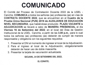 Read more about the article COMUNICADO – Proceso de Contratación Docente 2022 de la UGEL – Canchis