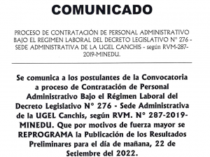 Read more about the article COMUNICADO – PROCESO DE CONTRATACIÓN DE PERSONAL ADMINISTRATIVO BAJO EL REGIMEN LABORAL DEL DECRETO LEGISLATIVO N° 276 – SEDE ADMINISTRATIVA DE LA UGEL CANCHIS – según RVM-287- 2019-MINEDU.