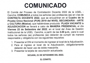 Read more about the article COMUNICADO – Proceso de Contratación Docente 2022 de la UGEL – Canchis