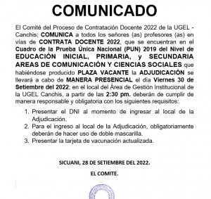 Read more about the article COMUNICADO –  PROCESO DE CONTRATACIÓN DOCENTE 2022 DE LA UGEL – CANCHIS