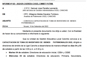 Read more about the article CONVOCA A CAPACITACION DE TOMA DE INVENTARIO DE BIENES PATRIMONIALES