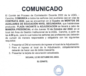 Read more about the article COMUNICADO – Proceso de Contratación Docente 2022 de la UGEL – Canchis