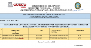 Read more about the article RESULTADOS DE LA VERIFICACION DEL CUMPLIMIENTO DE REQUISITOS DE DOCENTES TUTORES DE ESTRATEGIA SOMOS PROMO- CONCLUSIÓN OPORTUNA