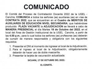 Read more about the article COMUNICADO – Proceso de Contratación Docente 2022 de la UGEL – Canchis