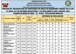 Read more about the article PROCESO DE ENCARGATURA DE PROFESORES EN AREAS DE DESEMPEÑO LABORAL DE LA LEY<br>N° 29944, LEY DE REFORMA MAGISTERIAL Y SU REGLAMENTO UGEL CANCHIS 2022