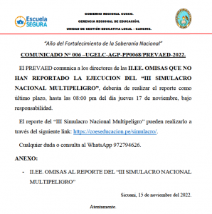 Read more about the article COMUNICADO N° 006 –UGELC-AGP-PP0068/PREVAED-2022.