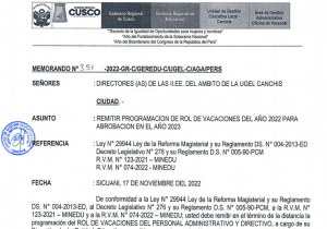 Read more about the article REMITIR PROGRAMACION DE ROL DE VACACIONES DEL AÑO 2022 PARA ABROBACION EN EL AÑO 2023