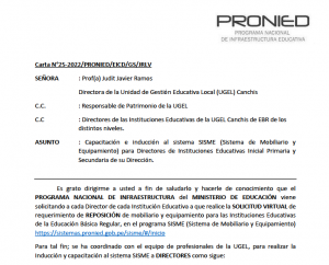 Read more about the article Capacitación e inducción al sistema SISME (Sistema de Mobiliario y Equipamiento) para Directores de Instituciones Educativas Inicial Primaria y Secundaria de su Dirección.