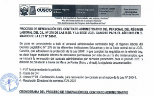 Read more about the article PROCESO DE RENOVACIÓN DEL CONTRATO ADMINISTRATIVO DEL PERSONAL DEL RÉGIMEN<br>LABORAL DEL D.L. N° 276 DE LAS II.EE. Y LA SEDE UGEL CANCHIS PARA EL AÑO 2023 EN EL<br>MARCO DE LA LEY N° 24041.