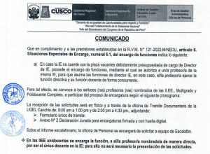 Read more about the article COMUNICADO – CRONOGRAMA DEL PROCESO DE ENCARGATURA DE FUNCIONES DE DIRECCION DE LA LEY N° 29944, LEY DE REFORMA MAGISTERIAL – UGEL CANCHIS 2022 R.V.M. N° 121-2022-MINEDU