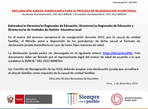 Read more about the article DECLARACIÓN JURADA DOMICILIARIA PARA EL PROCESO DE REASIGNACION EXCEPCIONAL