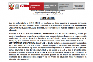 Read more about the article COMUNICADO – CREACIÓN DE NUEVAS PLAZASCOMUNICADO