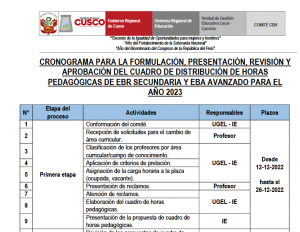 Read more about the article CRONOGRAMA PARA LA FORMULACIÓN, PRESENTACIÓN, REVISIÓN Y APROBACIÓN DEL CUADRO DE DISTRIBUCIÓN DE HORAS PEDAGÓGICAS DE EBR SECUNDARIA Y EBA AVANZADO PARA EL AÑO 2023