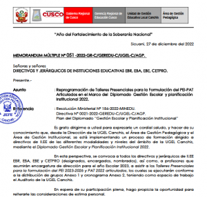 Read more about the article Reprogramación de Talleres Presenciales para la Formulación del PEI-PAT Articulados en el Marco del Diplomado Gestión Escolar y planificación Institucional 2022.