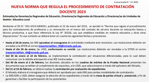 Read more about the article NUEVA NORMA QUE REGULA EL PROCEDIMIENTO DE CONTRATACIÓN<br>DOCENTE 2023