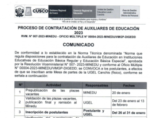 Read more about the article PROCESO DE CONTRATACIÓN DE AUXILIARES DE EDUCACIÓN 2023 RVM. N° 007-2023-MINEDU – OFICIO MÚLTIPLE N° 00004-2023-MINEDU/VMGP-DIGEDD – COMUNICADO