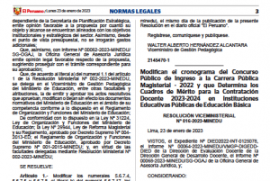 Read more about the article Modifican el cronograma del Concurso Público de Ingreso a la Carrera Pública Magisterial – 2022 y que Determina los Cuadros de Mérito para la Contratación Docente 2023-2024 en Instituciones Educativas Públicas de Educación Básica