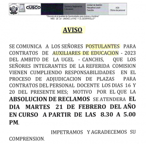 Read more about the article AVISO – CONTRATOS DE AUXILIARES DE EDUCACION – 2023