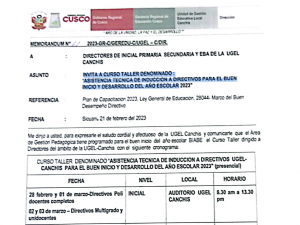 Read more about the article CRONOGRAMA MODIFICADO DE INICIAL Y PRIMARIA – INVITA A CURSO TALLER DENOMINADO: ASISTENCIA TÉCNICA DE INDUCCIÓN A DIRECTORES PARA EL BUEN INICIO Y DESARROLLO DEL AÑO ESCOLAR 2023.