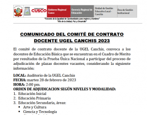 Read more about the article COMUNICADO DEL COMITÉ DE CONTRATO DOCENTE UGEL CANCHIS 2023