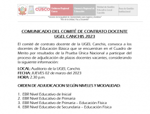 Read more about the article <strong><u>COMUNICADO DEL COMITÉ DE CONTRATO DOCENTE UGEL CANCHIS 2023</u></strong>