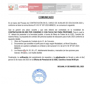 Read more about the article COMUNICADO – CONTRATACIÓN EN EL CARGO DE AUXILIAR DE EDUCACION 2023