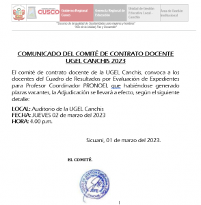 Read more about the article <strong><u>COMUNICADO DEL COMITÉ DE CONTRATO DOCENTE UGEL CANCHIS 2023</u></strong>