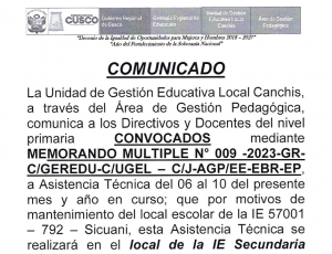 Read more about the article COMUNICAD O – CONVOCADOS MEDIANTE MEMORANDO MULTIPLE N° 009 -2023-GR- C/GEREDU-C/UGEL – C/J-AGP/EE-EBR-EP