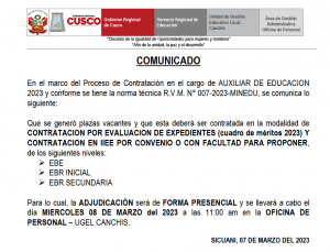 Read more about the article COMUNICADO – AUXILIAR DE EDUCACION 2023