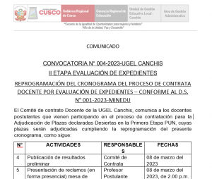 Read more about the article COMUNICADO – CONVOCATORIA N° 004 -2023 UGEL CANCHIS